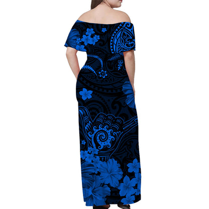 Hawaii Off Shoulder Long Dress Polynesia Blue Cool Shaka Sign
