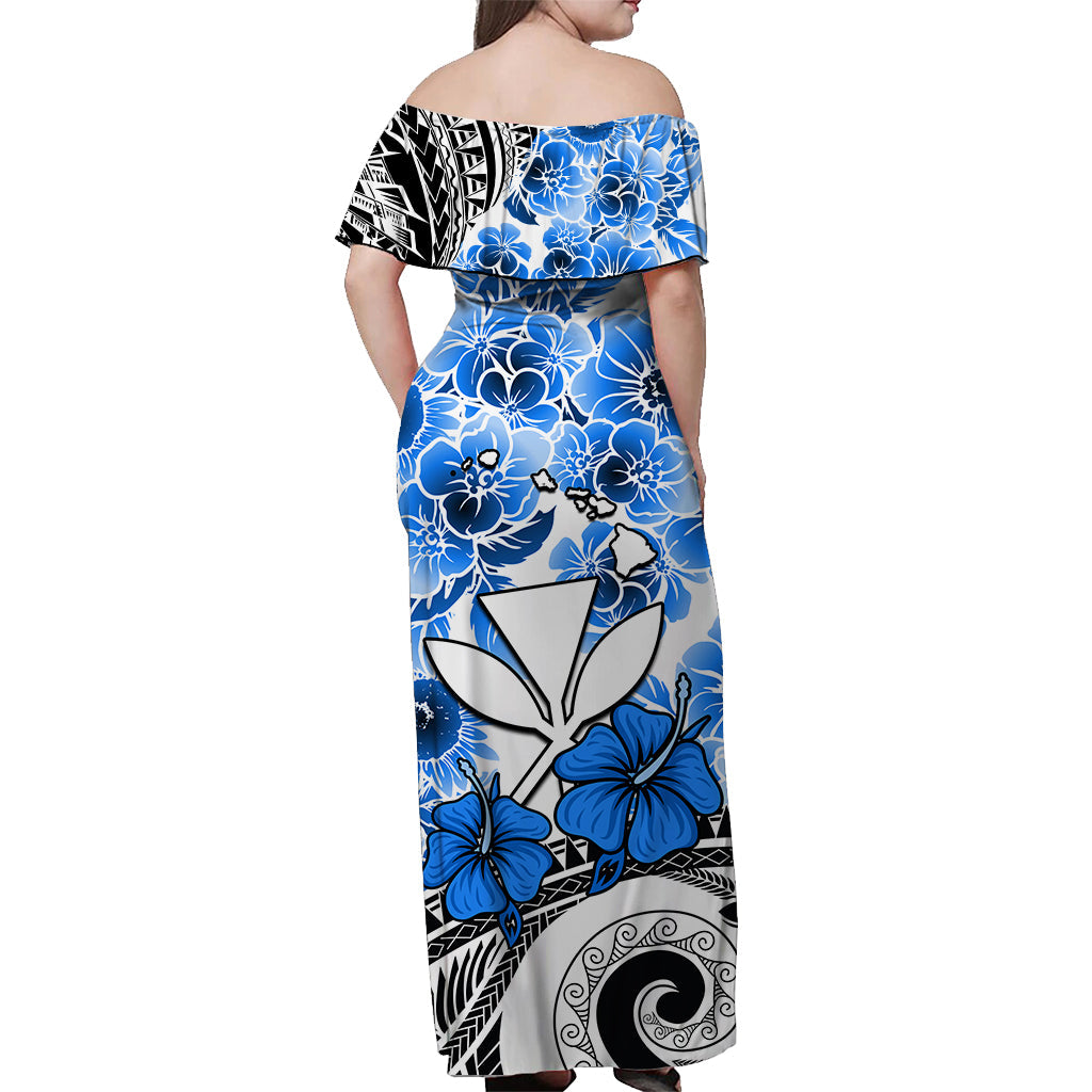 Hawaii Off Shoulder Long Dress Polynesian and Blue Hibiscus