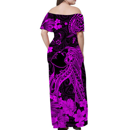 Hawaii Off Shoulder Long Dress Polynesia Purple Beautiful Hula Girl