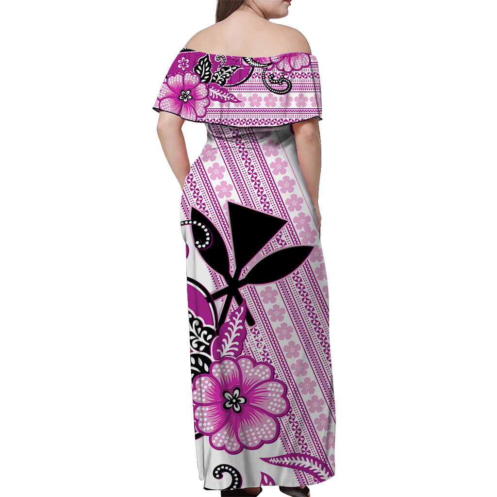 Hawaii Off Shoulder Long Dress Kakau Tribal Pink Batik Floral Ver.02