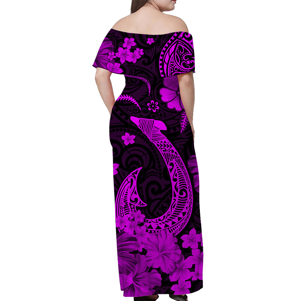 Hawaii Off Shoulder Long Dress Polynesia Purple Fish Hook