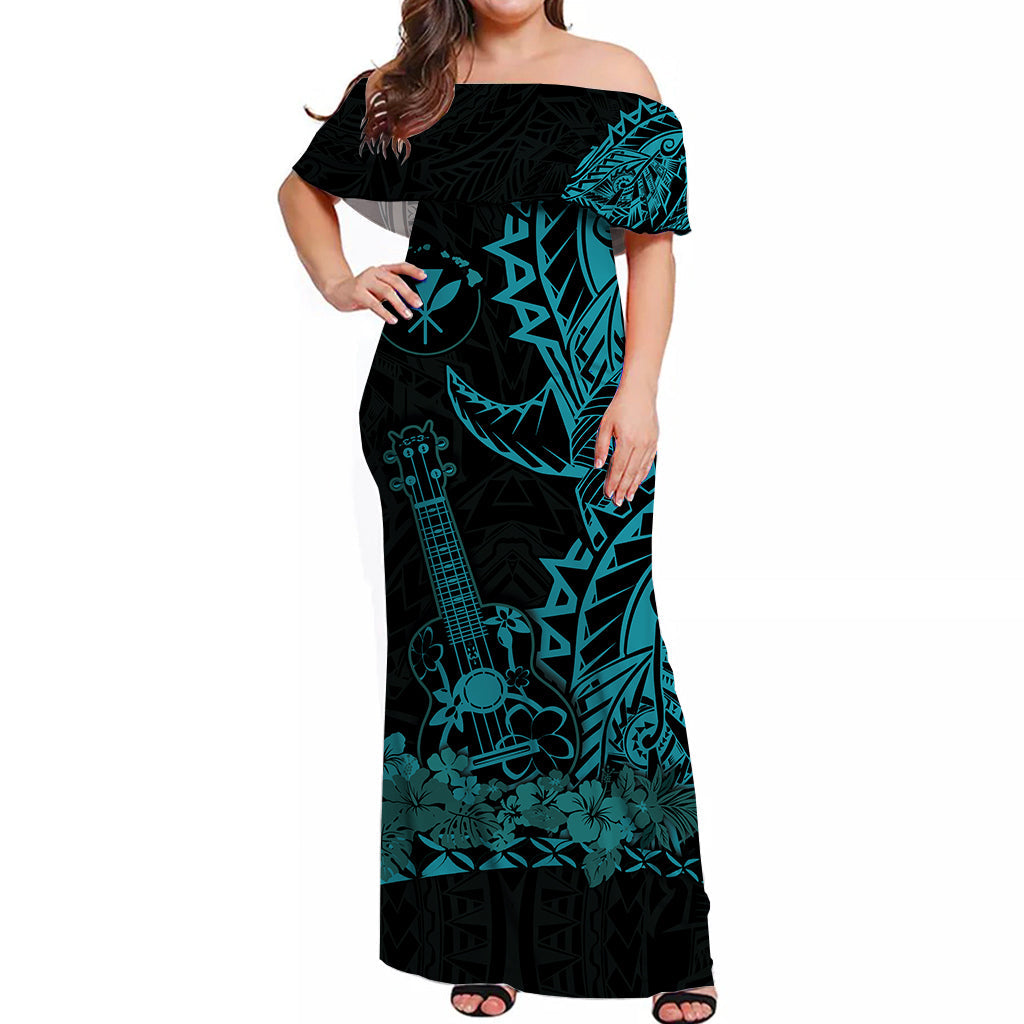 Hawaii Polynesian Off Shoulder Long Dress Ukulele Blue