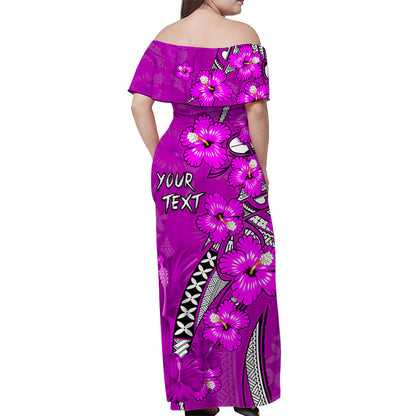 Custom Personalised Hawaii Off Shoulder Long Dress Polynesia Pink Hibiscus and Map Mystical