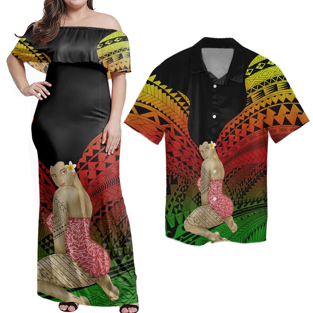 Matching Hawaiian Outfits Combo Dress And Shirt Hawaii Polynesian Hula Girl Wearing Plumeria Reggae