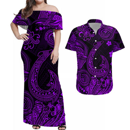 Hawaii Fish Hook Polynesian Combo Dress and Hawaiian Shirt Matching Couples Outfit Unique Style Purple