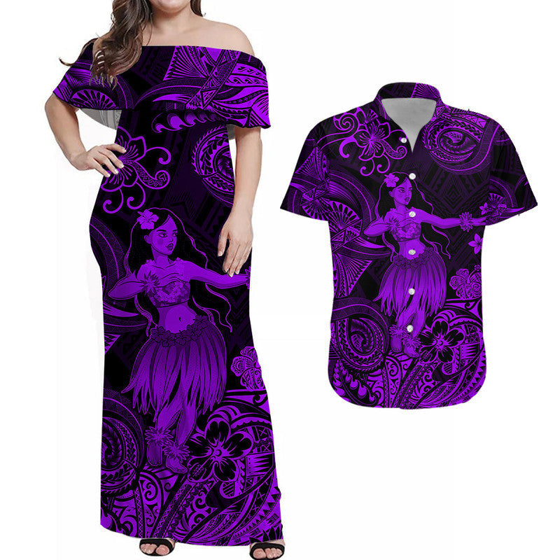 Hawaii Hula Girl Polynesian Combo Dress and Hawaiian Shirt Matching Couples Outfit Unique Style Purple