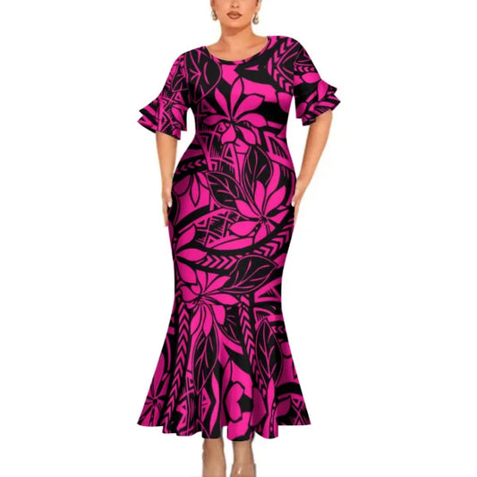 Polynesian Printed Pink Matching Outfit For Couple Clothing Tropical Fishtail Dress And Shirt For Her Him