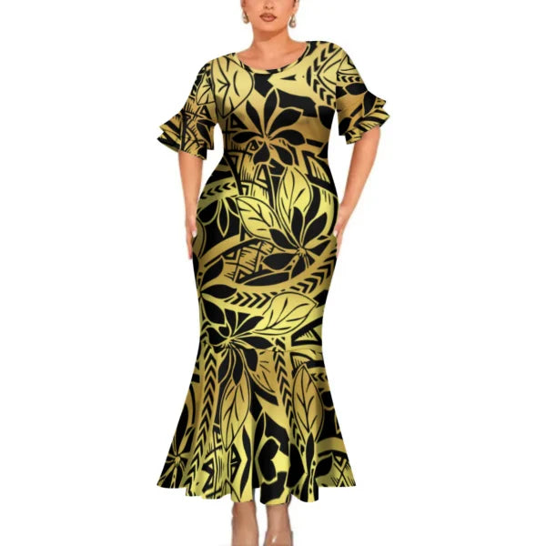 Polynesian Vintage Yellow Matching Outfit For Couple Clothing Tropical Fishtail Dress And Shirt For Her Him