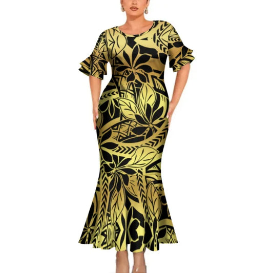 Polynesian Vintage Yellow Matching Outfit For Couple Clothing Tropical Fishtail Dress And Shirt For Her Him