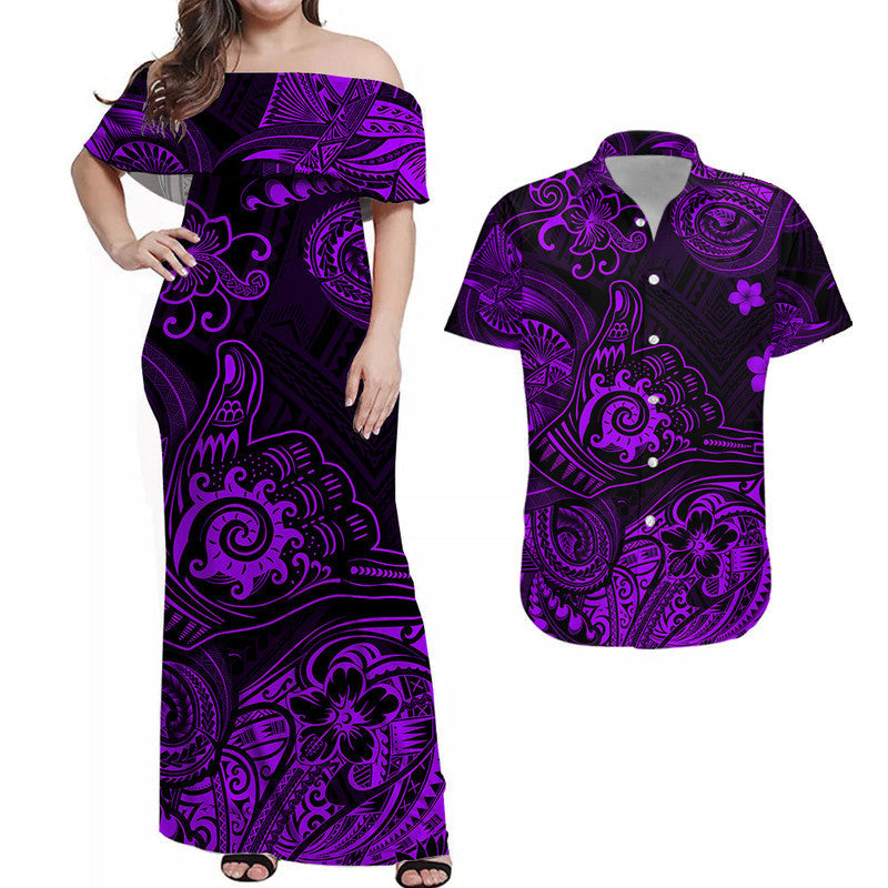 Hawaii Shaka Polynesian Combo Dress and Hawaiian Shirt Matching Couples Outfit Unique Style Purple