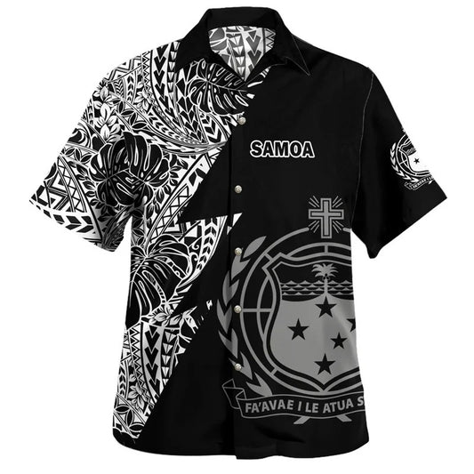 Samoa Coat of Arms Hawaiian Shirts Island Polynesian Tribal Curve Style Short Sleeves Summer Casual Button Shirt
