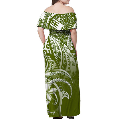 Polynesian Pride Off Shoulder Long Dress Polynesia Tribal Royal Green