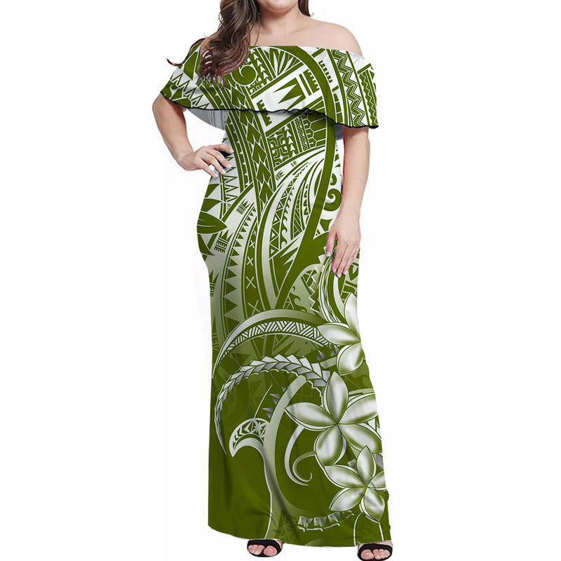 Polynesian Pride Off Shoulder Long Dress Polynesia Tribal Royal Green