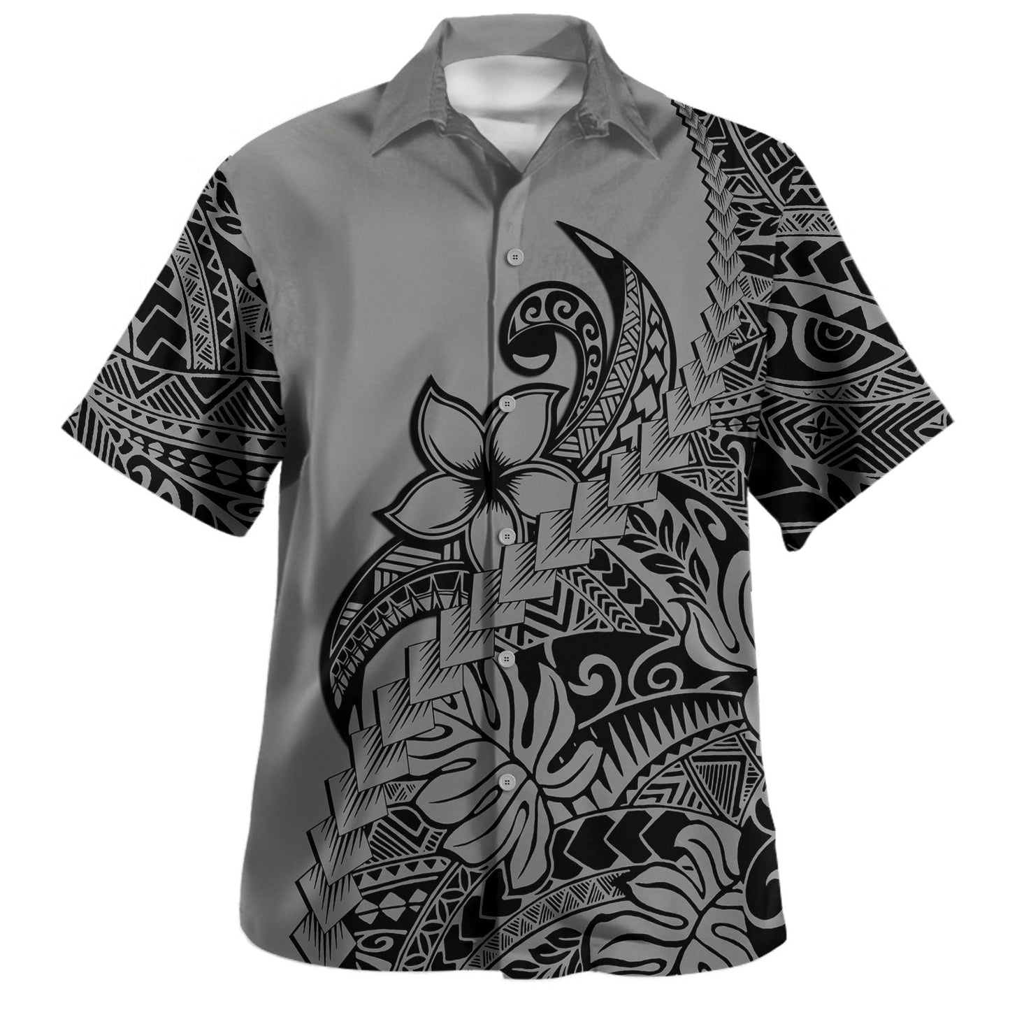 Polynesian Tribal Hawaiian Shirt Plumeria Flowers Pattern Tropical Island Grey Hawaii Shirt
