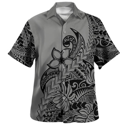 Polynesian Tribal Hawaiian Shirt Plumeria Flowers Pattern Tropical Island Grey Hawaii Shirt