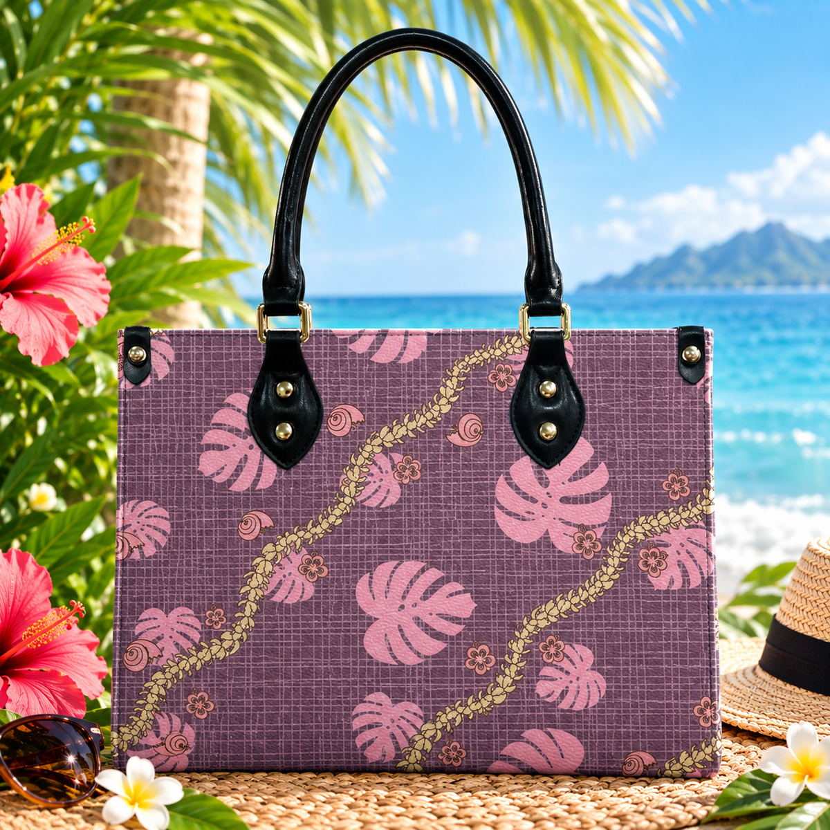 Tropical Leaf Purple Puakenikeni Hawaiian Flower Lei Leather Handbag Gift For Her