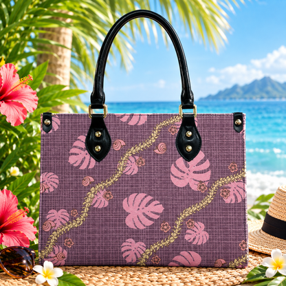 Tropical Leaf Purple Puakenikeni Hawaiian Flower Lei Leather Handbag Gift For Her