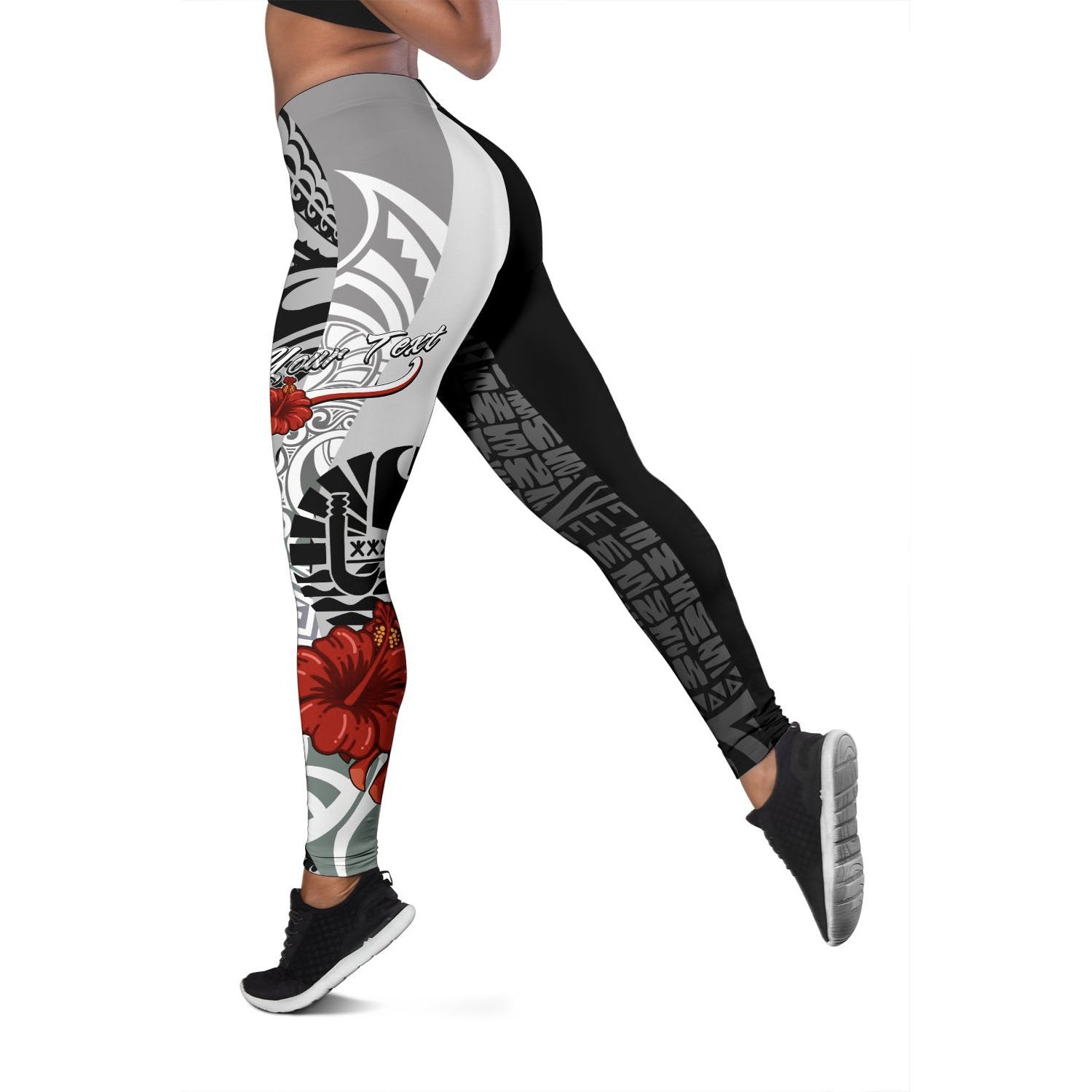 Tahiti Polynesian Custom Personalised Legging - Coat Of Arm With Hibiscus White