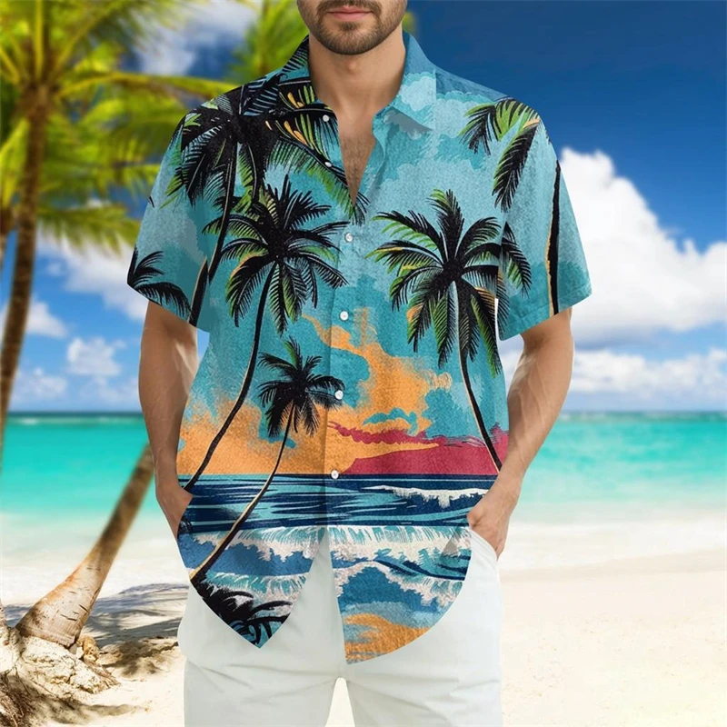 Vintage Plants Pattern Men's Hawaiian Shirt Tropical Palm Pattern Summer Short Sleeve Shirt