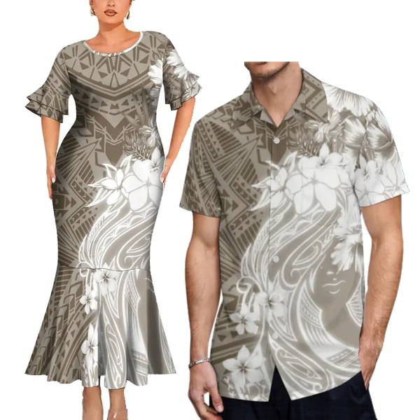 Polynesian Tribal Pattern Flowers Tropical Couples Matching Outfit Fishtail Skirt Dress And Shirt For Her Him