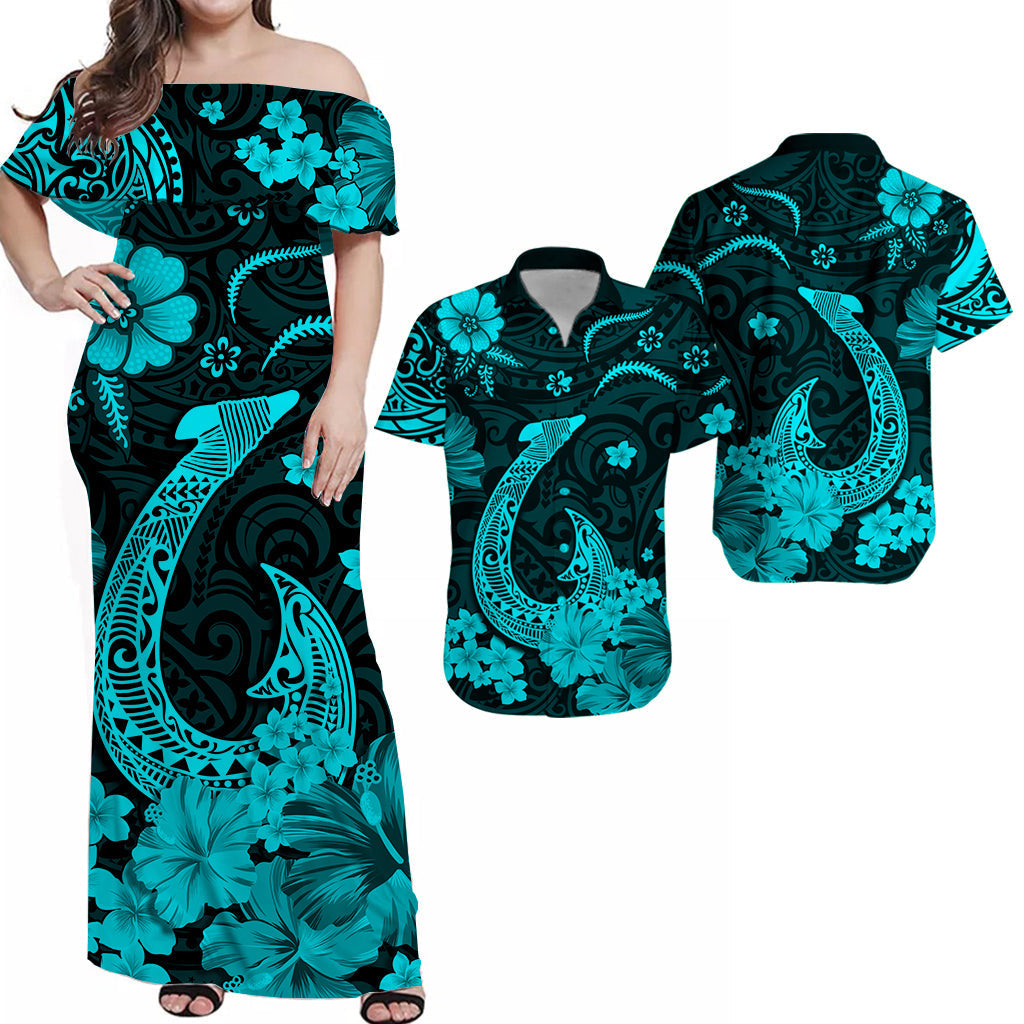 Hawaiian Matching Outfits For Couples Hawaii Combo Polynesia Tribal Fish Hook Turquoise Hawaii Dress and Hawaiian Shirt