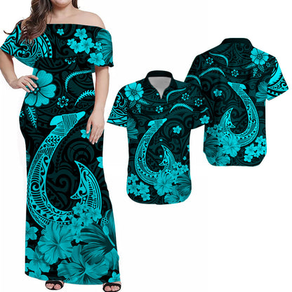 Hawaiian Matching Outfits For Couples Hawaii Combo Polynesia Tribal Fish Hook Turquoise Hawaii Dress and Hawaiian Shirt
