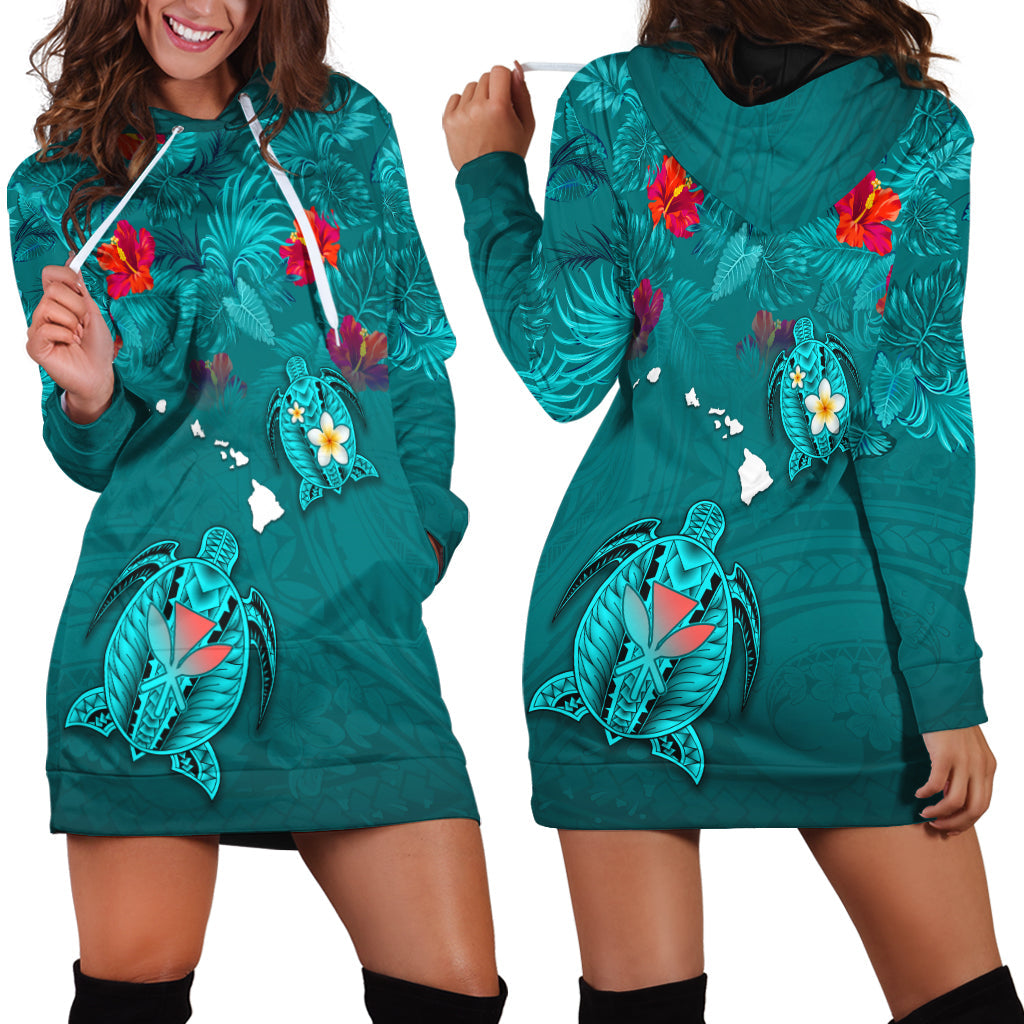 Hawaiian Islands Hoodie Dress Hawaii Tropical Flowers and Turtles Turquoise