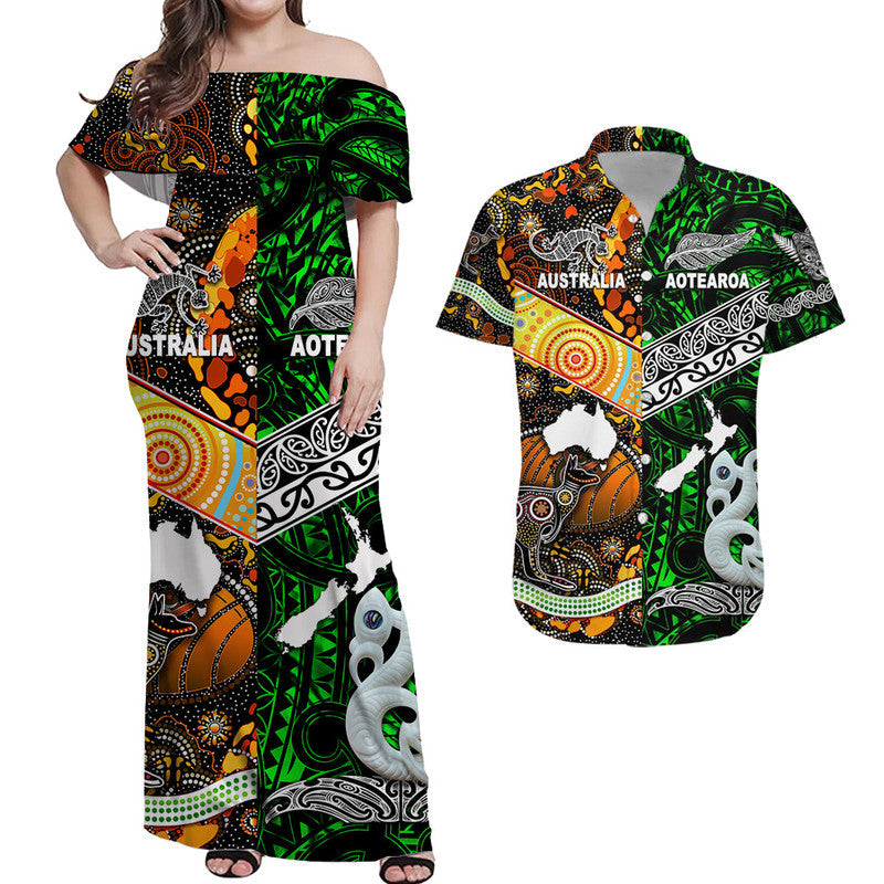 Matching Outfits For Couples New Zealand Maori Aotearoa And Australia Aboriginal Combo Dress And Shirt Together Green