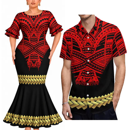 Polynesian Tribal Pattern Couple Matching Outfit Island Short Sleeve Mermaid Long Dress And Shirt