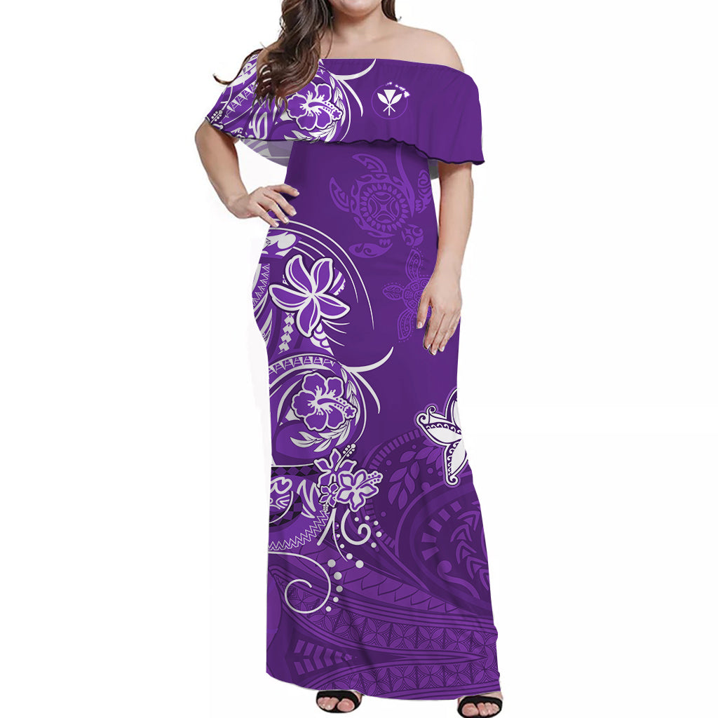 Custom Personalised Hawaii Off Shoulder Long Dress Polynesia Purple Sea Turtle Honu and Map