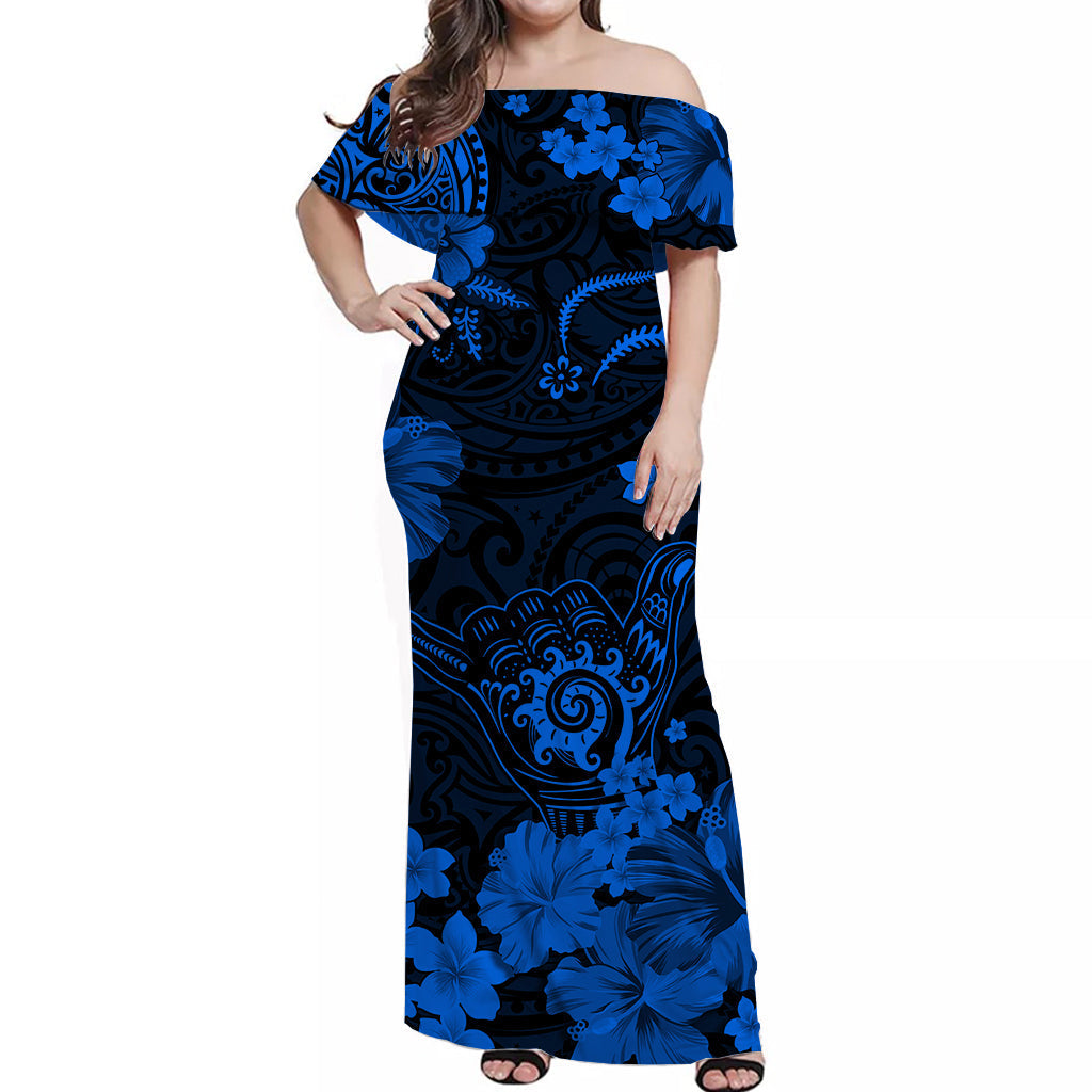 Hawaii Off Shoulder Long Dress Polynesia Blue Cool Shaka Sign