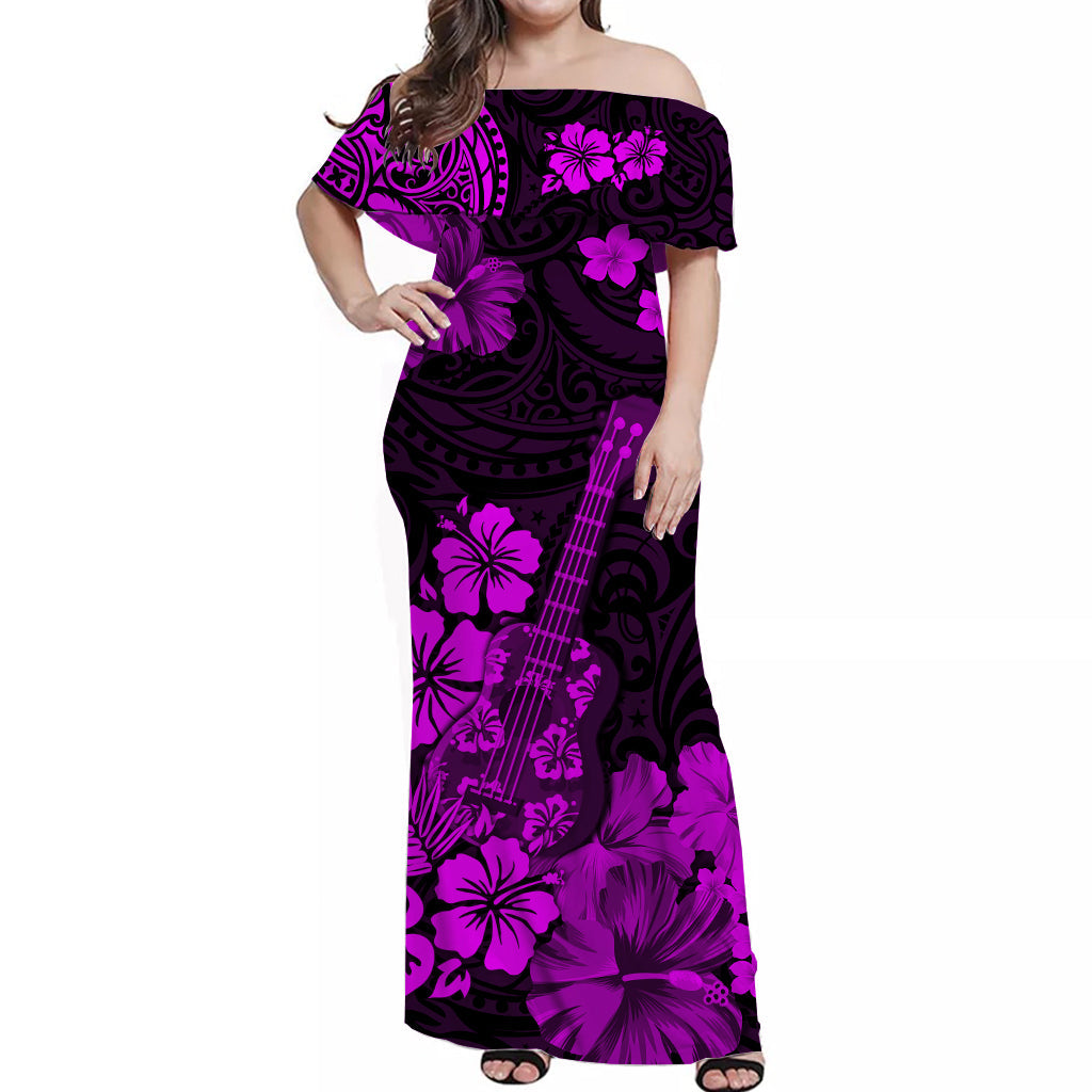 Hawaii Off Shoulder Long Dress Polynesia Purple Ukulele Flowers