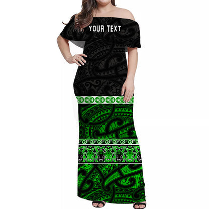 Custom Personalised New Zealand Off Shoulder Long Dress Maori Simple Green
