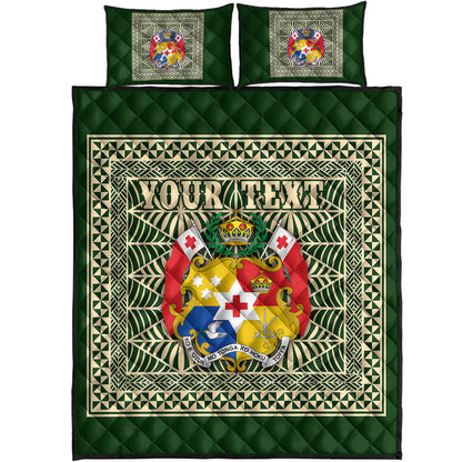 (Custom Personalised) Tonga Pattern Quilt Bed Set Coat of Arms Green and Beige