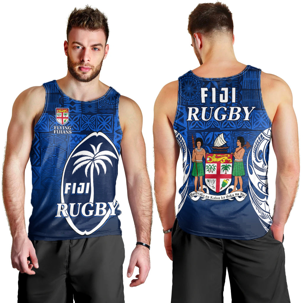 Fiji Rugby Men Tank Top Flying Fijians Blue Tapa Pattern