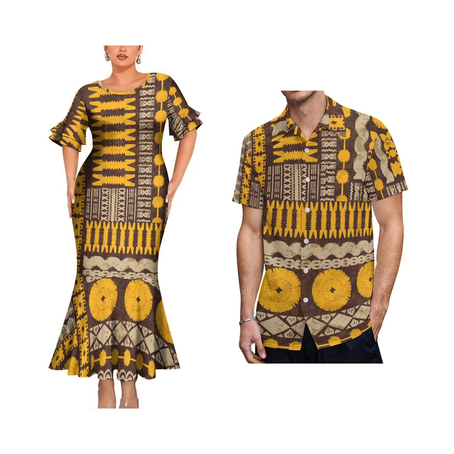 Polynesian Geometric Brown Pattern Couple Matching Outfit Women Crew Neck Mermaid Dress and Shirt