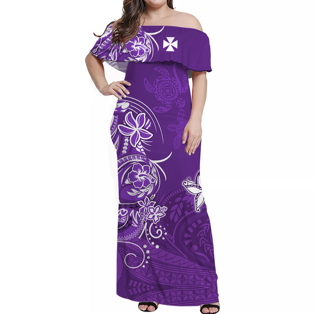 (Custom Personalised) Matching Outfits For Couples Wallis et Futuna Combo Dress and Hawaiian Shirt Polynesia Purple Sea Turtle and Flowers