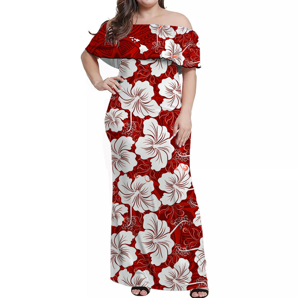 Custom Personalised Hawaii Off Shoulder Long Dress Red Simple Tropical Flowers