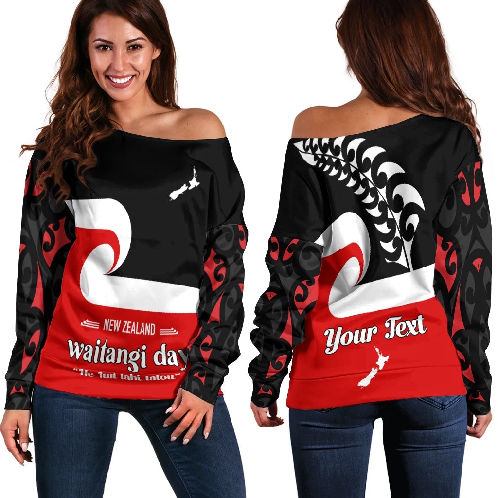 (Custom Personalised) Waitangi Day Off Shoulder Sweater Maori Fern and Tino Rangatiratanga Flag
