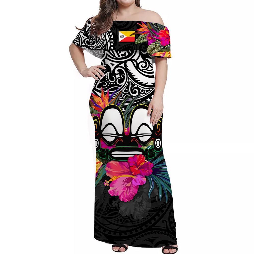 Marquesas Islands Off Shoulder Long Dress Alluring Polynesia and Tropical Flowers