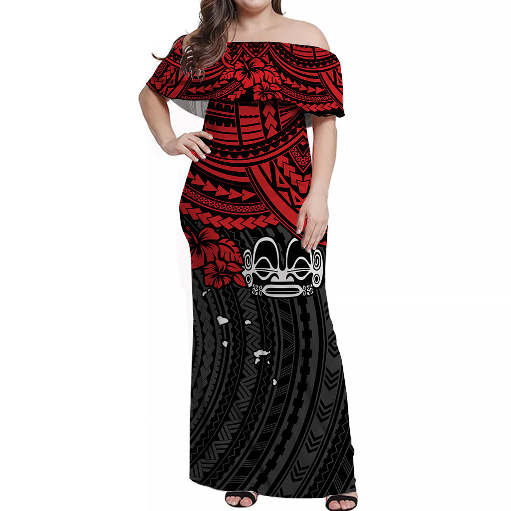 Marquesas Islands Off Shoulder Long Dress Red Polynesia Pattern Mix Tiki