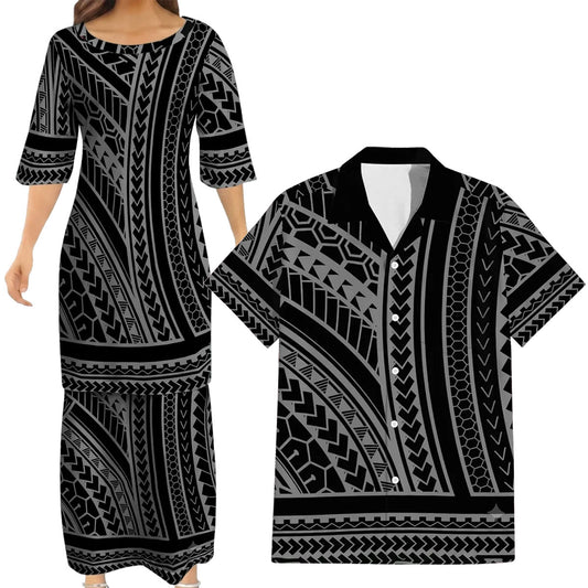 Polynesian Tribal Pattern Printed Black Matching Outfit For Couple Island Puletasi Dress And Hawaiian Shirt For Her Him