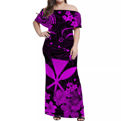 Hawaii Off Shoulder Long Dress Polynesia Purple Kanaka Maoli
