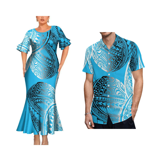 Polynesian Tribal Pattern Matching Outfit For Couple Bodycon Mermaid Dress and Shirt For Her Him