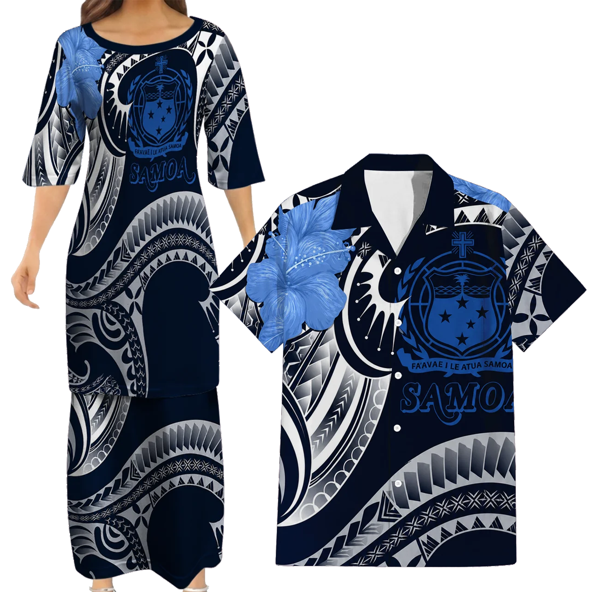 Samoa Coat Of Arms Couple Outfit Matching Polynesian Tribal Pattern Curve Style Dress And Hawaiian Shirt