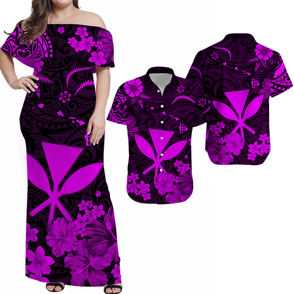 Hawaiian Matching Outfits For Couples Hawaii Combo Dress and Hawaiian Shirt Polynesia Purple Kanaka Maoli