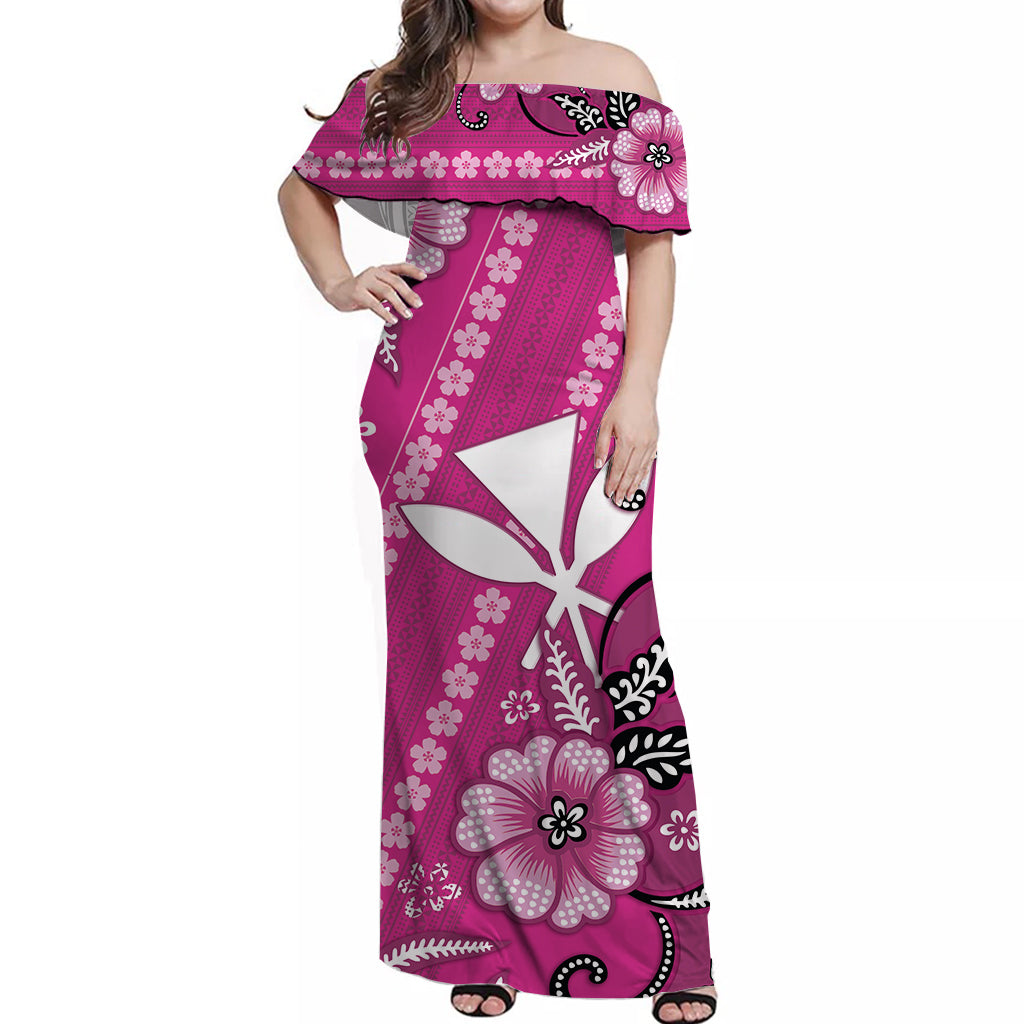 Hawaii Off Shoulder Long Dress Kakau Tribal Pink Batik Floral Ver.01