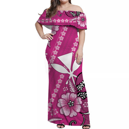 Hawaii Off Shoulder Long Dress Kakau Tribal Pink Batik Floral Ver.01