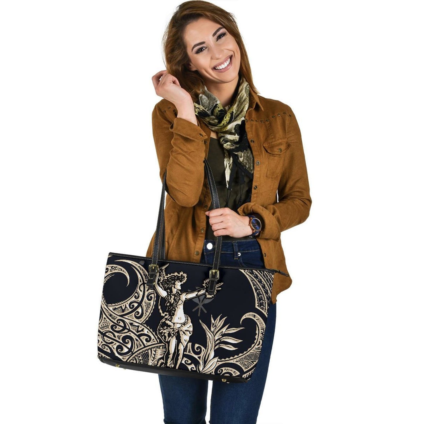 Polynesian Hawaii Leather Tote Bag - Hula Girl White