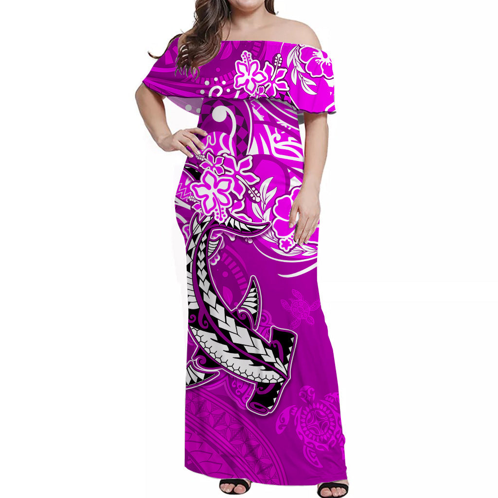 Custom Personalised Hawaii Off Shoulder Long Dress Polynesia Pink Sea Turtle Honu and Hammerhead Shark